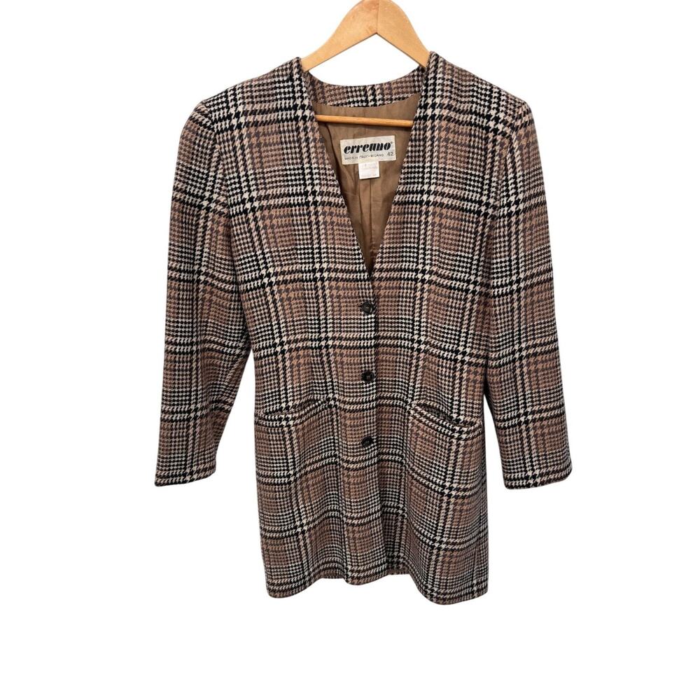 Vintage 80s Erreuno Long Blazer Jacket Womens 42 Brown Plaid Wool‎ Lined Pockets